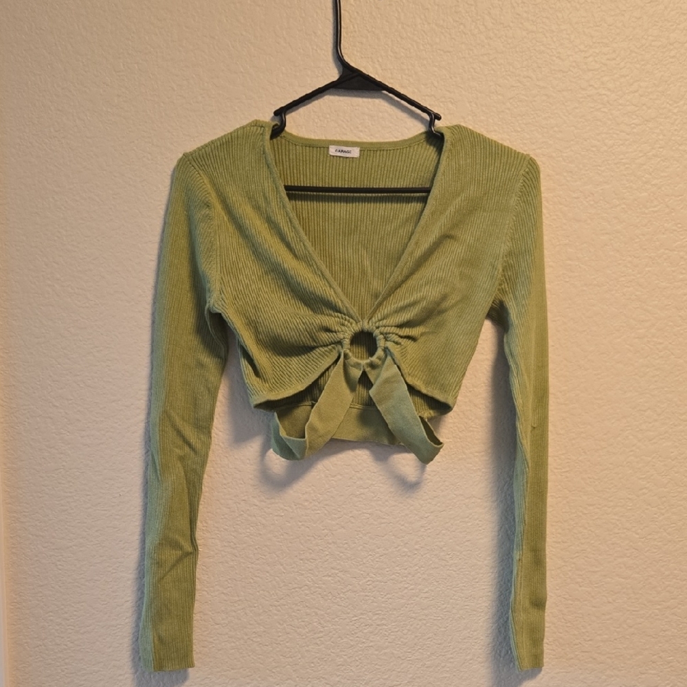 Garage Sage Green Ribbed Knot-Front Blouse